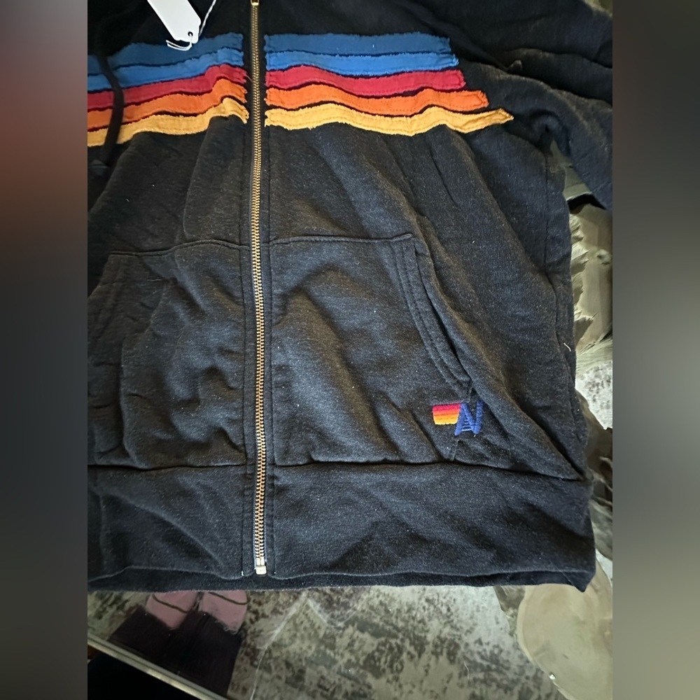 RARE Aviator Nation 5 Stripe Zip Hoodie Black Rainbow NWT XS - Picture 3 of 8